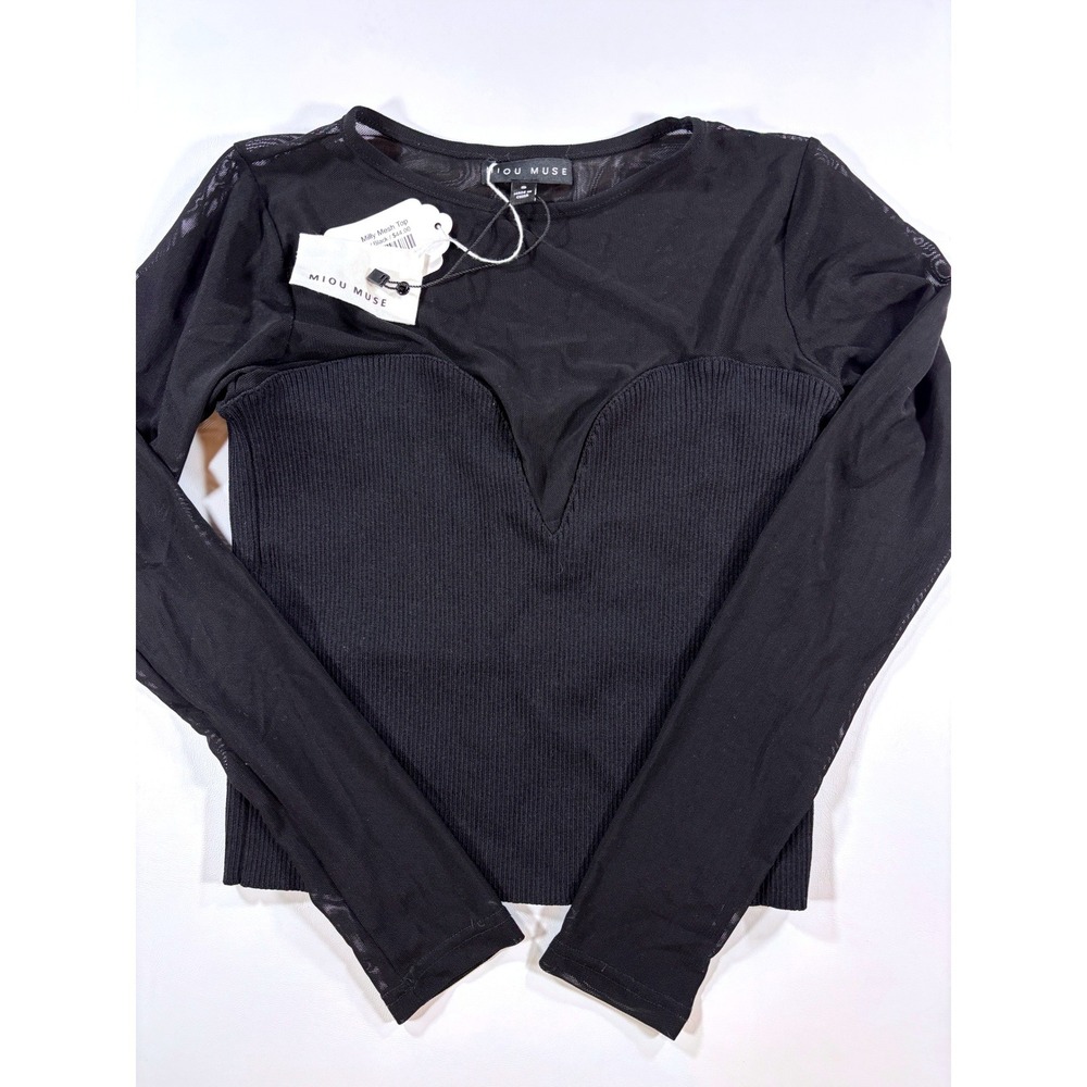 Miou Muse Top Milly Mesh Ribbed Long Sleeve V-Neck Blouse Black Women Small NWT